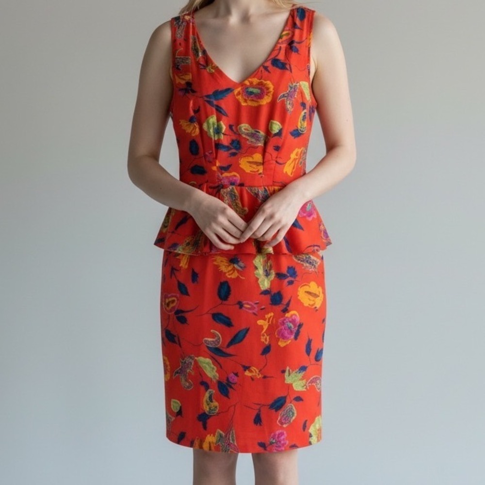 Angie Orange Floral Paisley Peplum Sheath Dress Sleeveless V-Neck Rayon L Fits M